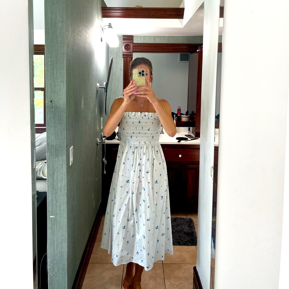 COPY - Smocked cotton midi with little blue flowers